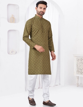 Men's Olive Green Print Cotton Kurta Pajama Set
