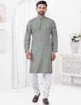 Men's Grey Printed Cotton Kurta Pajama Set