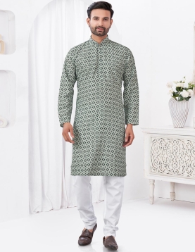 Men's Grey Printed Cotton Kurta Pajama Set