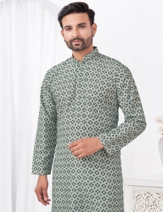 Men's Grey Printed Cotton Kurta Pajama Set