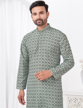 Men's Grey Printed Cotton Kurta Pajama Set