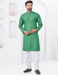 Emerald Green Geometric Print Cotton Kurta with White Pajama Set