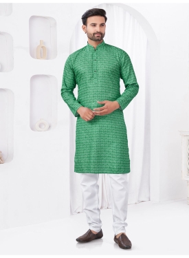 Emerald Green Geometric Print Cotton Kurta with White Pajama Set