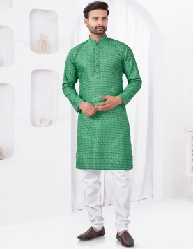 Emerald Green Geometric Print Cotton Kurta with White Pajama Set