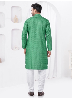 Emerald Green Geometric Print Cotton Kurta with White Pajama Set