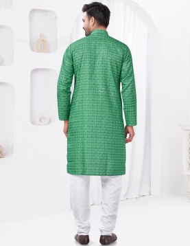Emerald Green Geometric Print Cotton Kurta with White Pajama Set