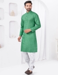 Emerald Green Geometric Print Cotton Kurta with White Pajama Set