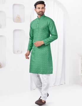 Emerald Green Geometric Print Cotton Kurta with White Pajama Set