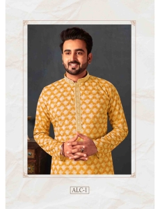 Mustard Digital Print with Chikankari Kurta Pajama Set 