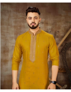 Mustard Embroidered Kurta with Beige Churidar Set
