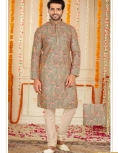 Men's Floral Print Long Kurta Pajama Set In Multi