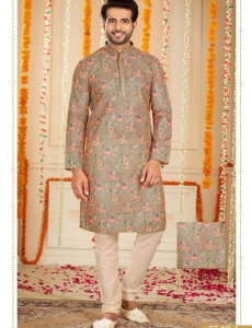 Men's Floral Print Long Kurta Pajama Set In Multi