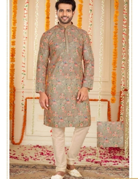 Men's Floral Print Long Kurta Pajama Set In Multi