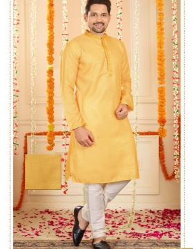 Men's Sequin Work Long Kurta Pajama Set In Mustard