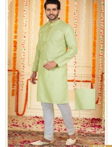 Men's Sequin Work Long Kurta Pajama Set In Pista