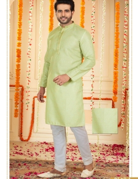 Men's Sequin Work Long Kurta Pajama Set In Pista