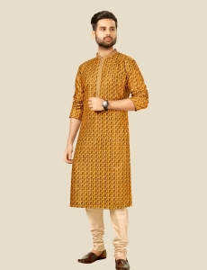 Digital Printed Mens Kurta Pajama In Yellow