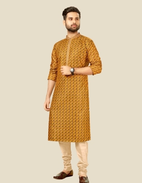 Digital Printed Mens Kurta Pajama In Yellow