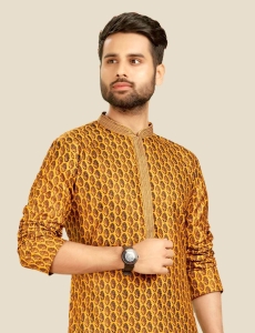 Digital Printed Mens Kurta Pajama In Yellow