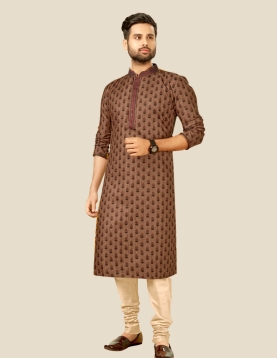 Digital Printed Mens Kurta Pajama In Dark Peach 