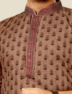 Digital Printed Mens Kurta Pajama In Dark Peach 