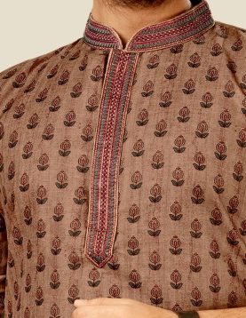 Digital Printed Mens Kurta Pajama In Dark Peach 