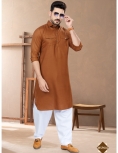 Men’s Rust Brown Cotton Pathani Kurta with Contrast White Salwar