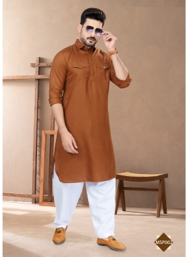 Men’s Rust Brown Cotton Pathani Kurta with Contrast White Salwar