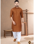Men’s Rust Brown Cotton Pathani Kurta with Contrast White Salwar