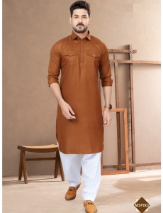 Men’s Rust Brown Cotton Pathani Kurta with Contrast White Salwar