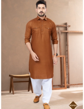 Men’s Rust Brown Cotton Pathani Kurta with Contrast White Salwar