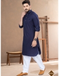 Men’s Navy Blue Cotton Pathani Kurta Set with Classic White Salwar