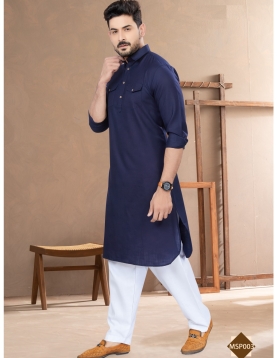 Men’s Navy Blue Cotton Pathani Kurta Set with Classic White Salwar