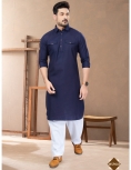 Men’s Navy Blue Cotton Pathani Kurta Set with Classic White Salwar