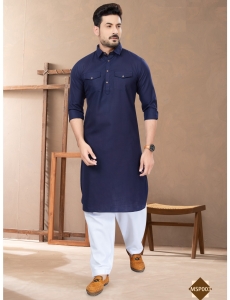Men’s Navy Blue Cotton Pathani Kurta Set with Classic White Salwar