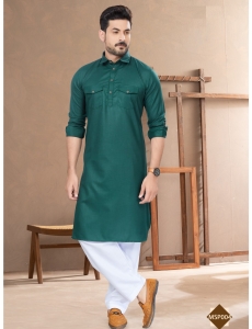 Men’s Emerald Green Cotton Pathani Kurta with White Salwar Set