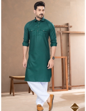 Men’s Emerald Green Cotton Pathani Kurta with White Salwar Set