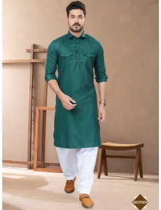 Men’s Emerald Green Cotton Pathani Kurta with White Salwar Set