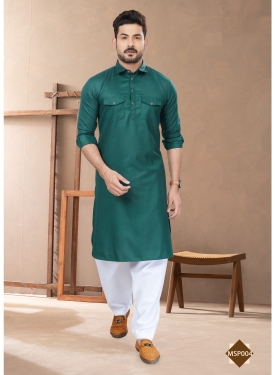 Men’s Emerald Green Cotton Pathani Kurta with White Salwar Set
