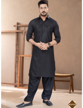 Men's Stealth Black Cotton Pathani Kurta Set with Matching Salwar