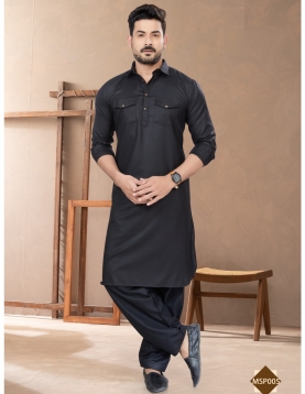 Men's Stealth Black Cotton Pathani Kurta Set with Matching Salwar