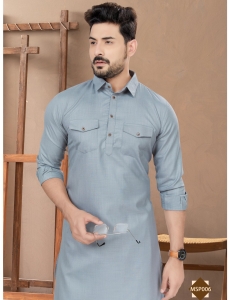 Men’s Slate Grey Cotton Pathani Kurta with Contrast White Salwar