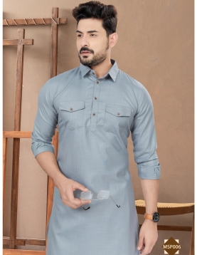 Men’s Slate Grey Cotton Pathani Kurta with Contrast White Salwar