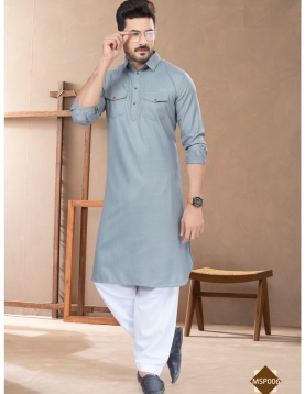 Men’s Slate Grey Cotton Pathani Kurta with Contrast White Salwar