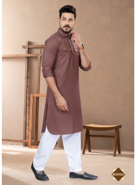 Men’s Light Brown Cotton Pathani Kurta Set with White Salwar