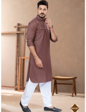 Men’s Light Brown Cotton Pathani Kurta Set with White Salwar
