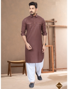 Men’s Light Brown Cotton Pathani Kurta Set with White Salwar