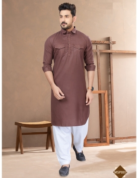 Men’s Light Brown Cotton Pathani Kurta Set with White Salwar