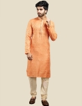Men's Printed Long Kurta Pajama Set In Mustard