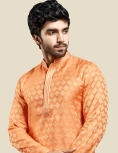 Men's Printed Long Kurta Pajama Set In Mustard
